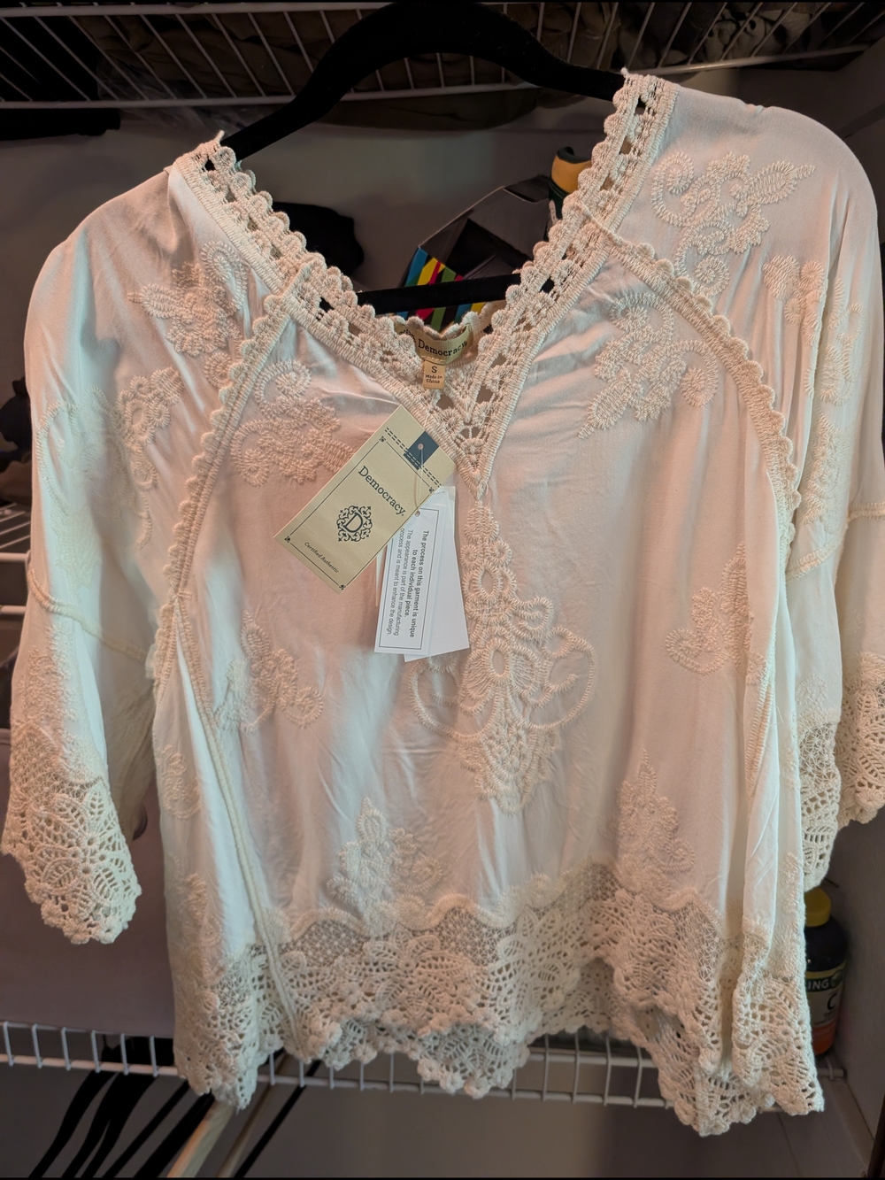 NWT Democracy Cream Crochet-Trim Embroidered V-Neck Tunic